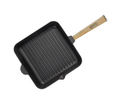 28x28 cm Cast Iron Grill Pan with Removable Wooden Handle 5 cm Depth