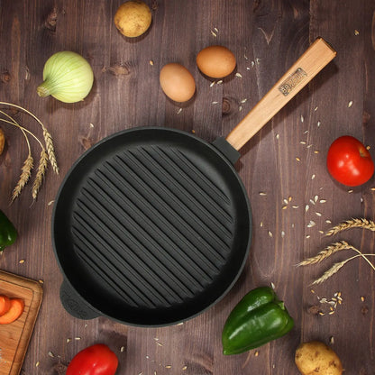 24 cm Cast Iron Grill Pan with Removable Wooden Handle 4 cm Depth