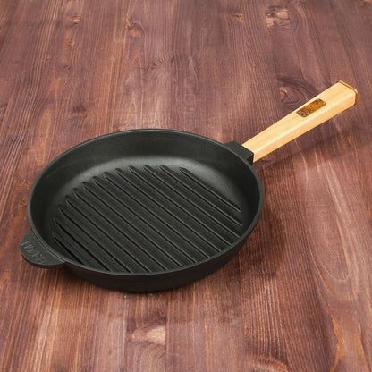 24 cm Cast Iron Grill Pan with Removable Wooden Handle 4 cm Depth