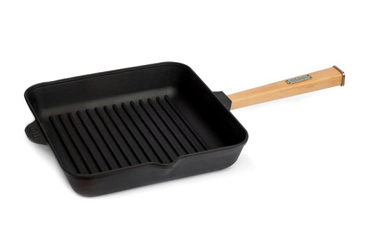 28x28 cm Cast Iron Grill Pan with Removable Wooden Handle 5 cm Depth